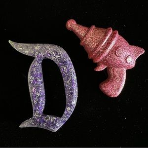 Set of 2- Atomic Space Gun & Purple Disney “D” Acrylic Brooches